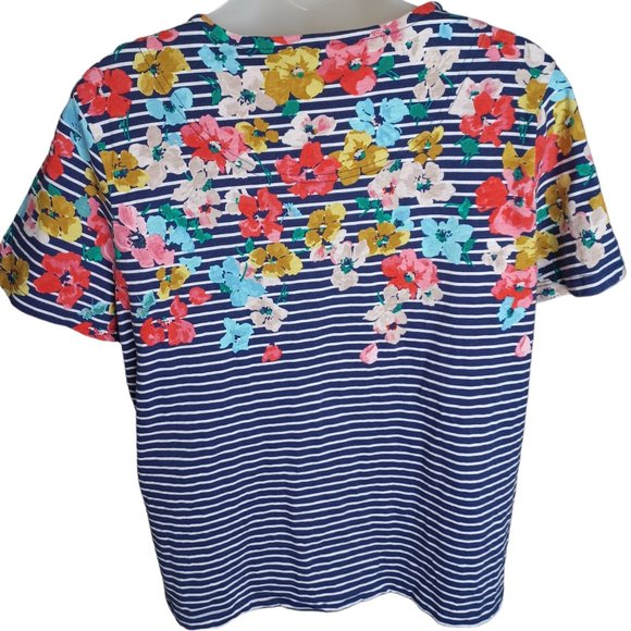 Joules Womens Floral Top Size 12 Harbour Print Blue White Stripe Button Accents - Picture 4 of 6